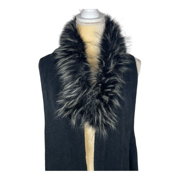 Kensie Black‎ Vest with Faux Fur Trim Fringe at Hem One Size NWT - Picture 2 of 9
